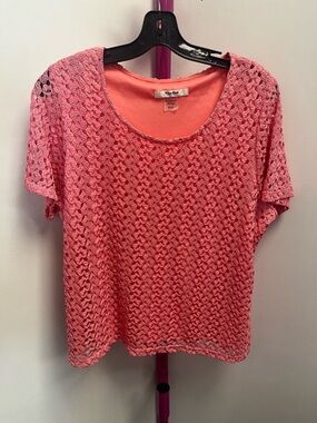 TanJay Coral Pink Crochet Overlay Short Sleeve Tee